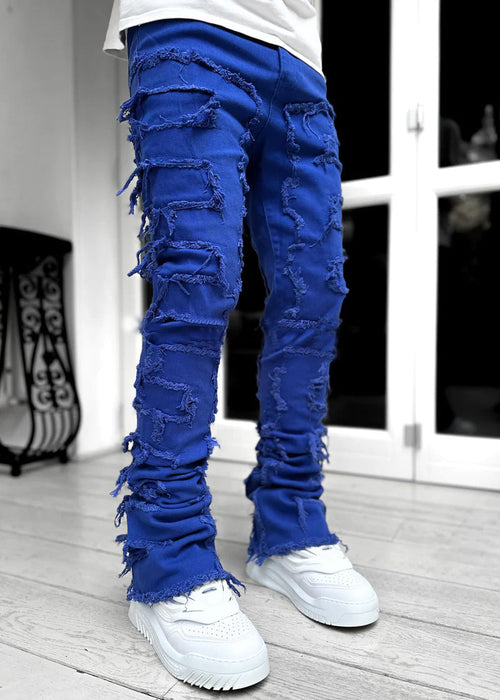 Men Trousers Individual Patched Pants Long Tight Fit Stacked Jeans For