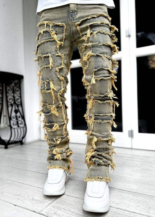 Men Trousers Individual Patched Pants Long Tight Fit Stacked Jeans For