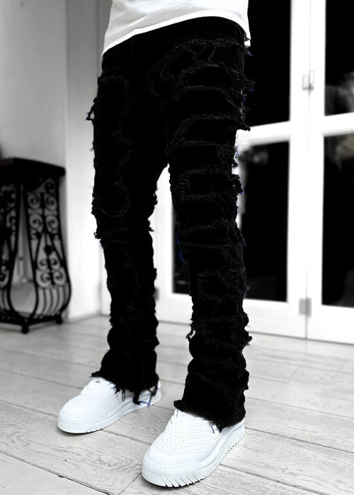Men Trousers Individual Patched Pants Long Tight Fit Stacked Jeans For