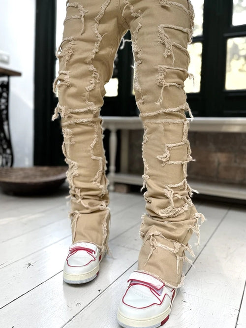 Men Trousers Individual Patched Pants Long Tight Fit Stacked Jeans For