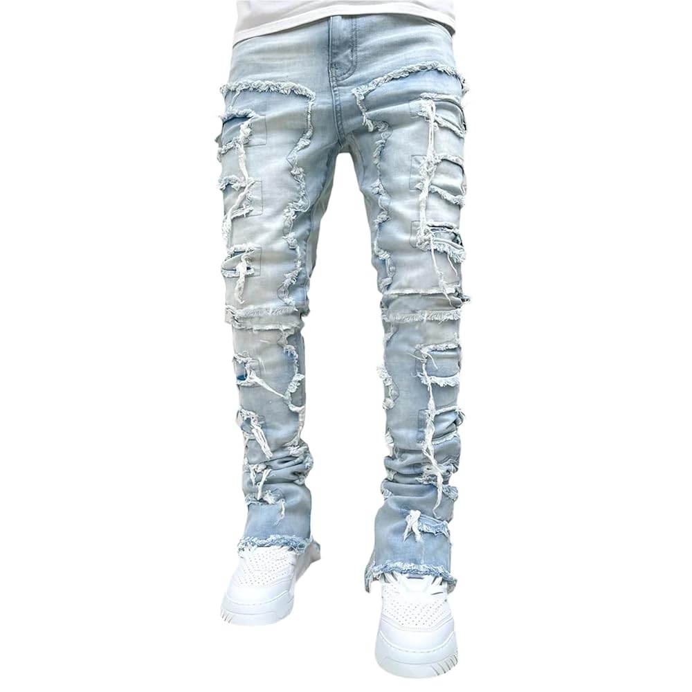 Loalirando Calças de ganga homem jeans rasgadas para homem calças compridas de ganga calças direitas de ganga calças de ganga justas com borlas para casual rua desporto