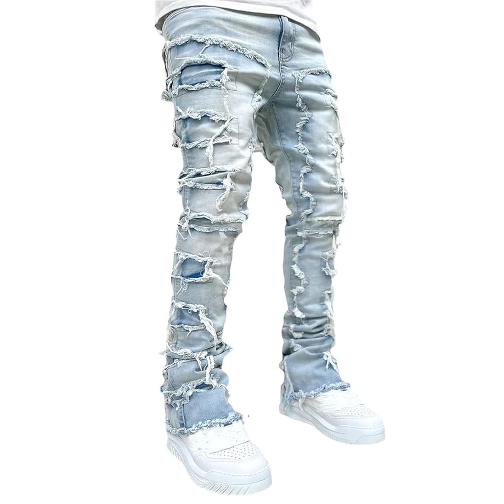 Loalirando Calças de ganga homem jeans rasgadas para homem calças compridas de ganga calças direitas de ganga calças de ganga justas com borlas para casual rua desporto