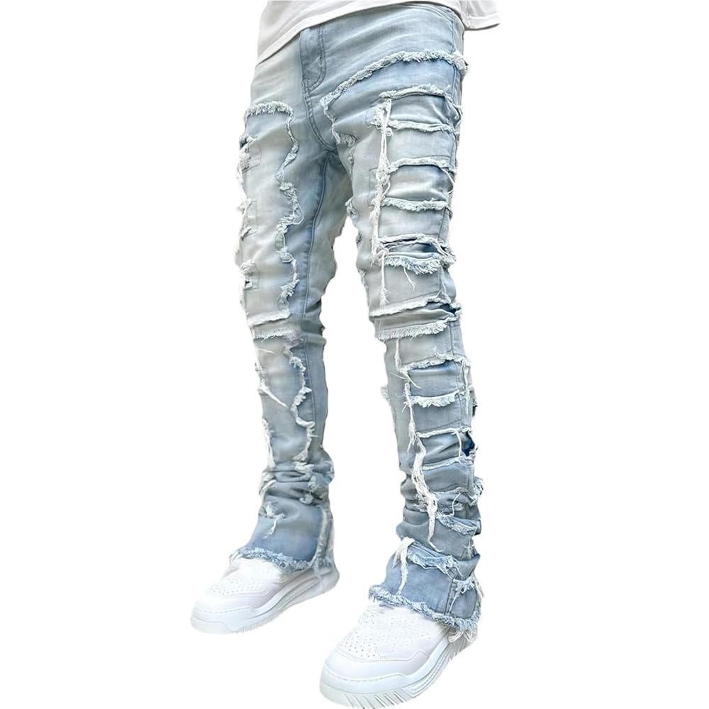 Loalirando Calças de ganga homem jeans rasgadas para homem calças compridas de ganga calças direitas de ganga calças de ganga justas com borlas para casual rua desporto