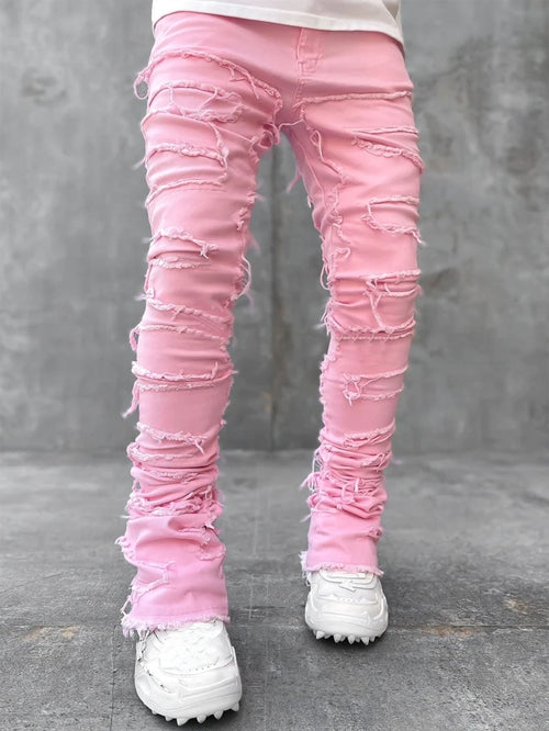 Men Trousers Individual Patched Pants Long Tight Fit Stacked Jeans For