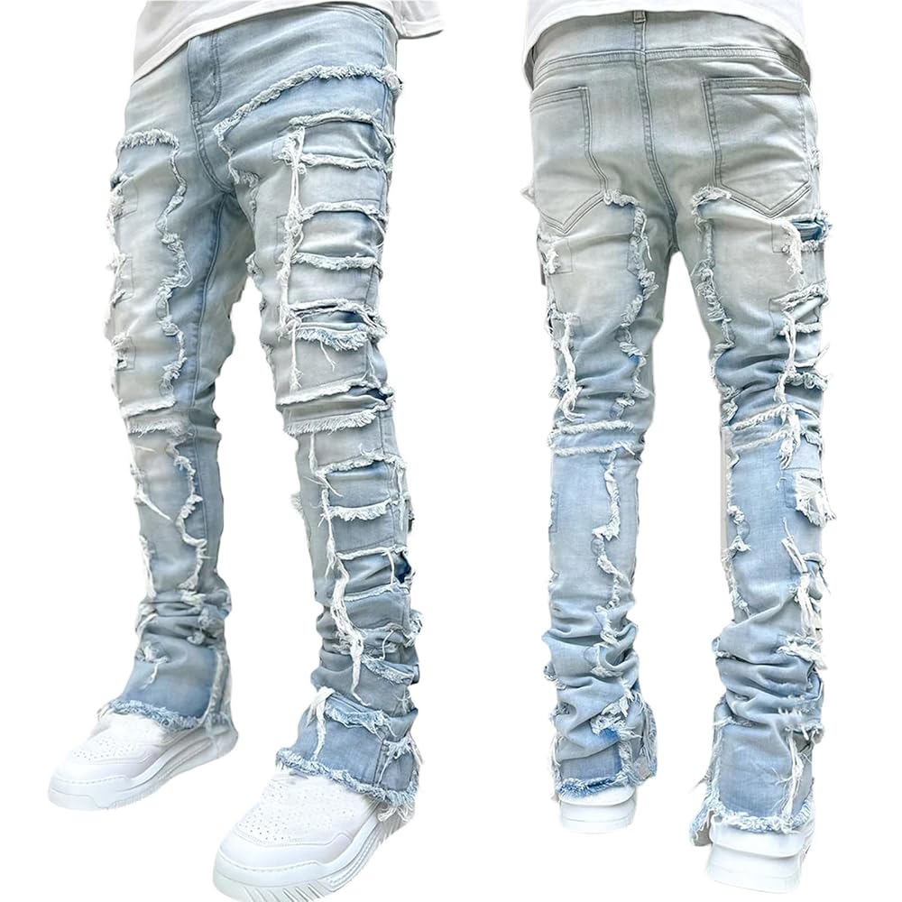 Loalirando Calças de ganga homem jeans rasgadas para homem calças compridas de ganga calças direitas de ganga calças de ganga justas com borlas para casual rua desporto