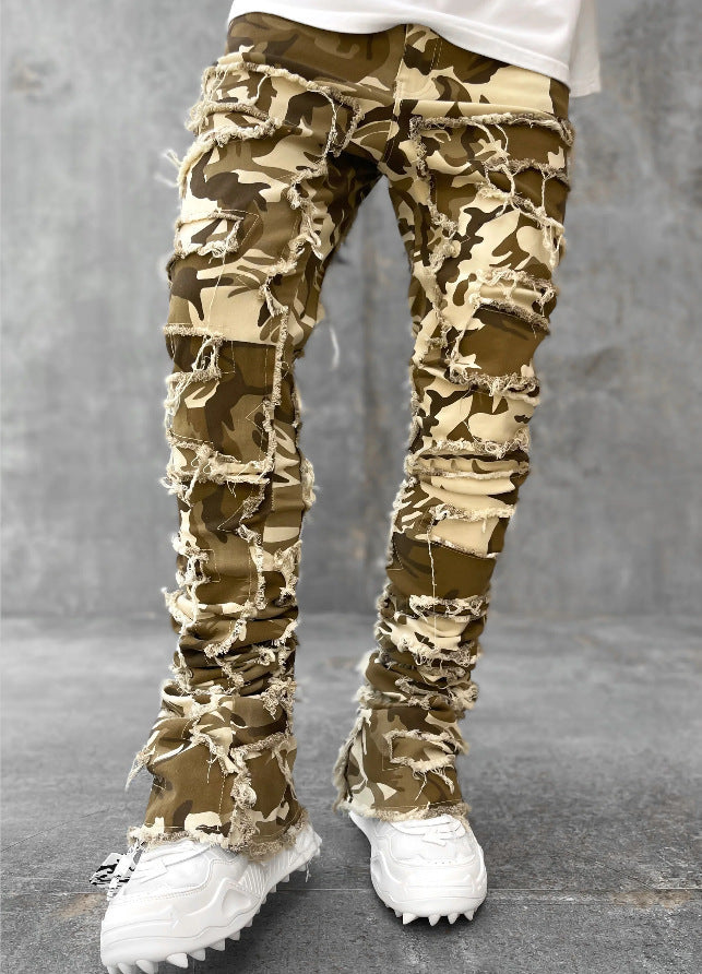 Men Trousers Individual Patched Pants Long Tight Fit Stacked Jeans For