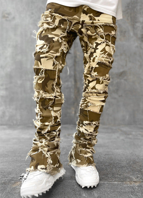 Men Trousers Individual Patched Pants Long Tight Fit Stacked Jeans For