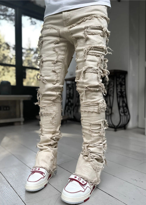 Men Trousers Individual Patched Pants Long Tight Fit Stacked Jeans For